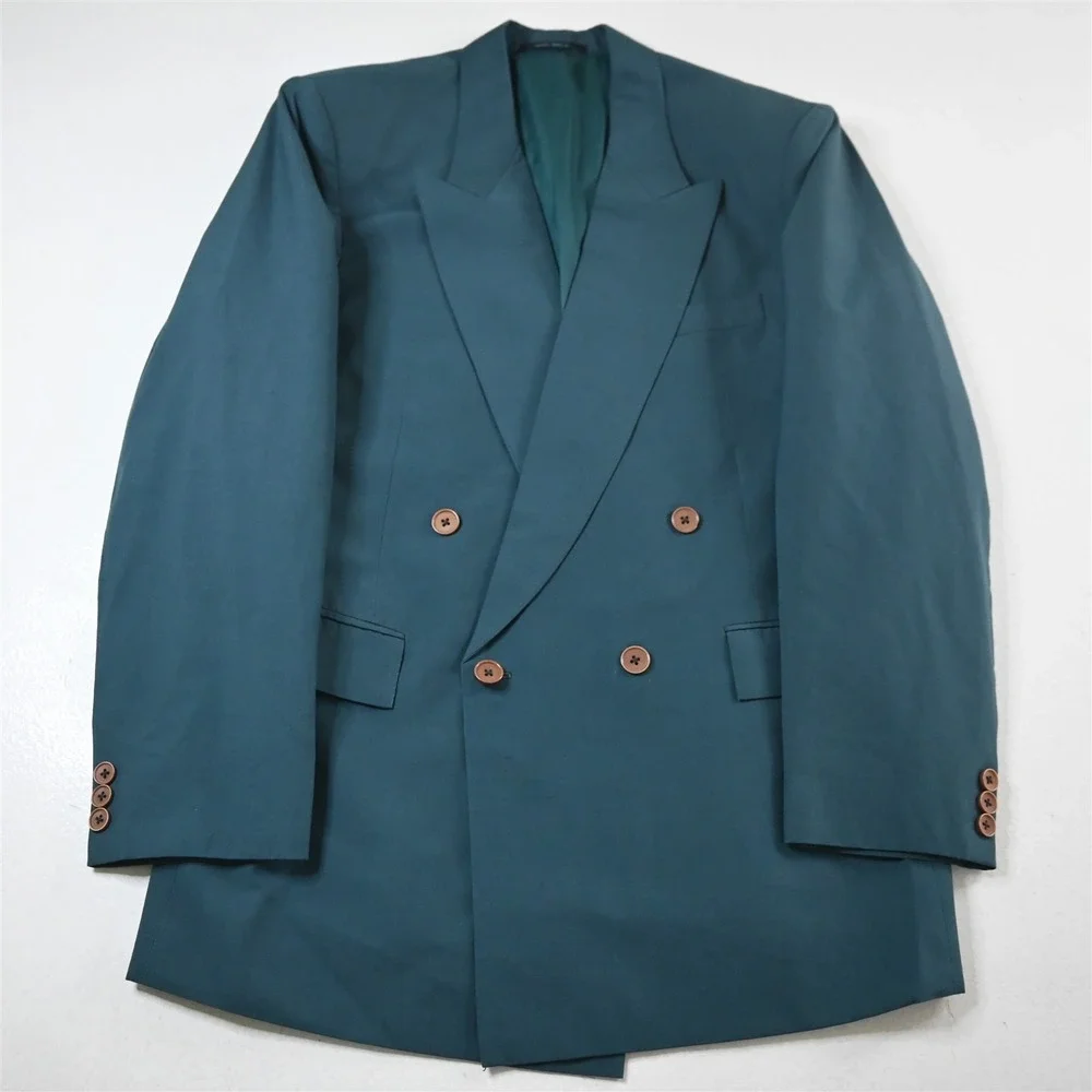 Vtg 90s Vaish Bros 40R Teal Green Double Breasted‎ Blazer Suit Jacket Sport Coat
